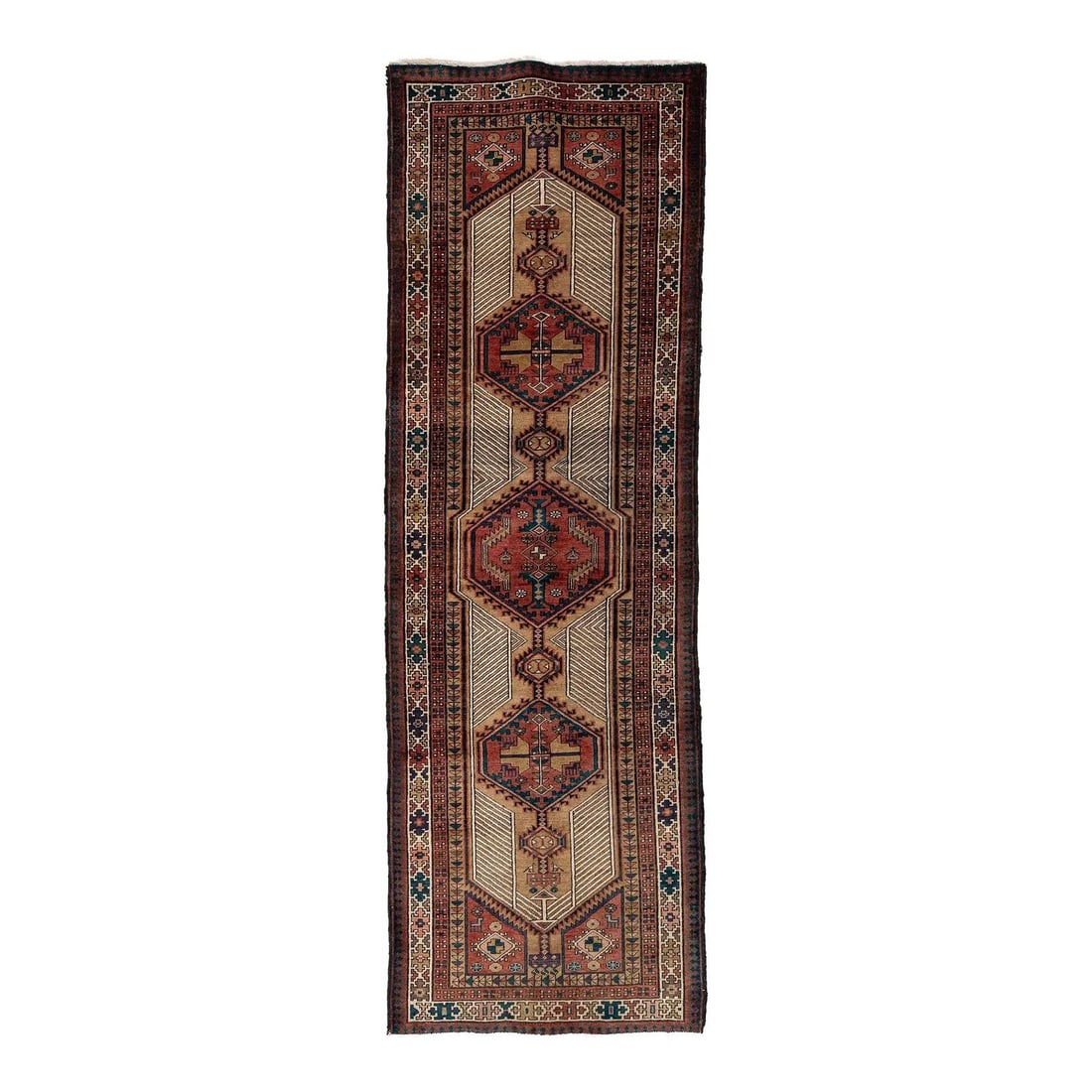 3'4" x 10'1" Vintage Kurdish Runner Rug Hand Knotted Diamond Medallion: 3'4" x 10'1" Vintage Kurdish Runner Rug Hand Knotted Diamond Medallion A vintage hand-knotted Kurdish long runner rug featuring a sequence of stylized diamond medallions and geometric striping. The pa