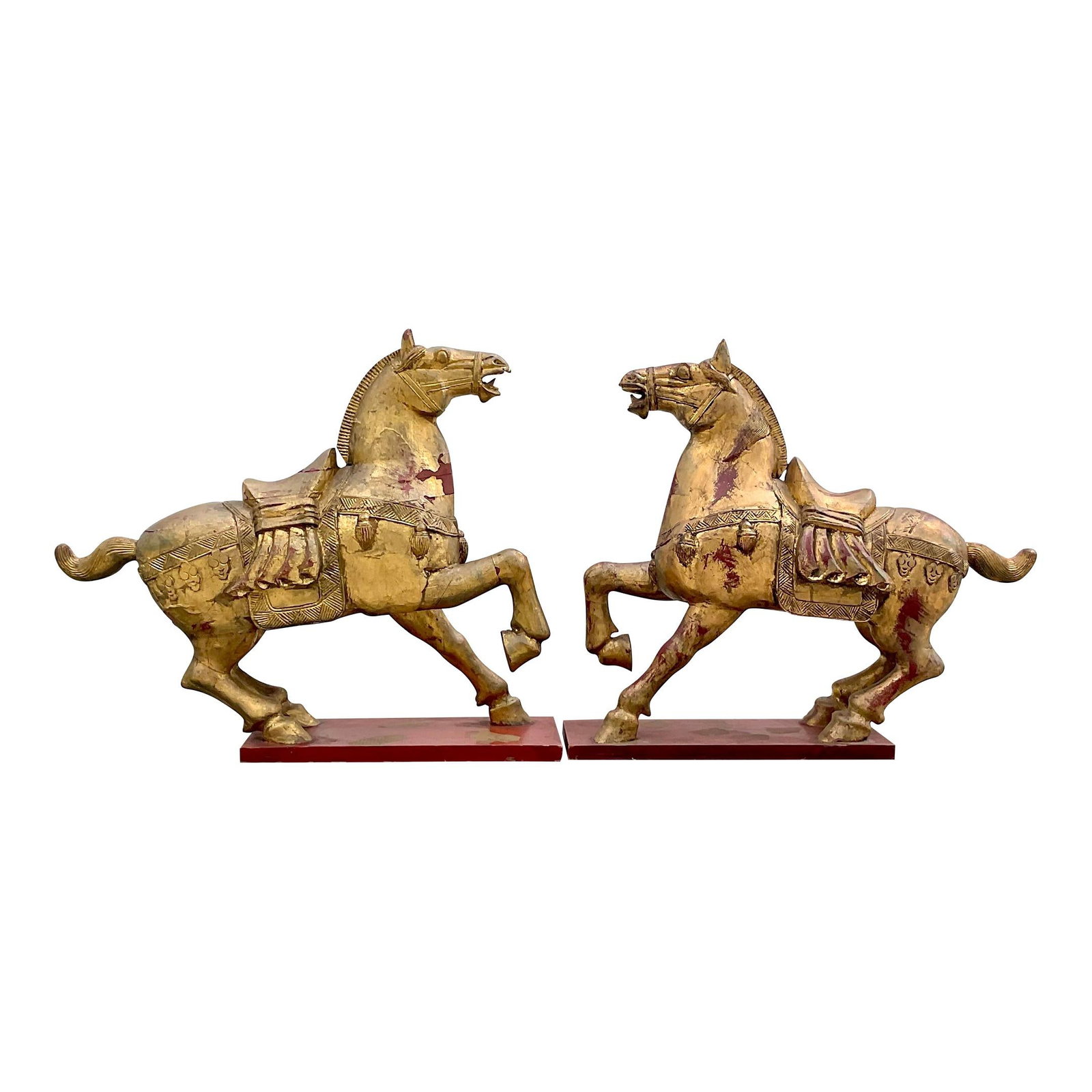 Pair of Vintage Asian Gilt Carved Wooden Emperor Horses: Pair of Vintage Asian Gilt Carved Wooden Emperor Horses This stunning pair of vintage Asian Emperor horses showcases exquisite craftsmanship with beautifully carved wood adorned in a gilt finish. The 