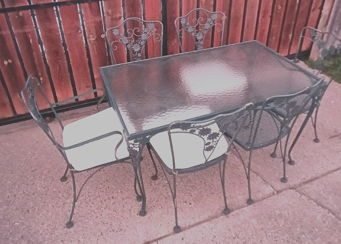 7 Piece Woodard Daisy Iron Patio Dining Set with Glass Top Table (1 of 10)