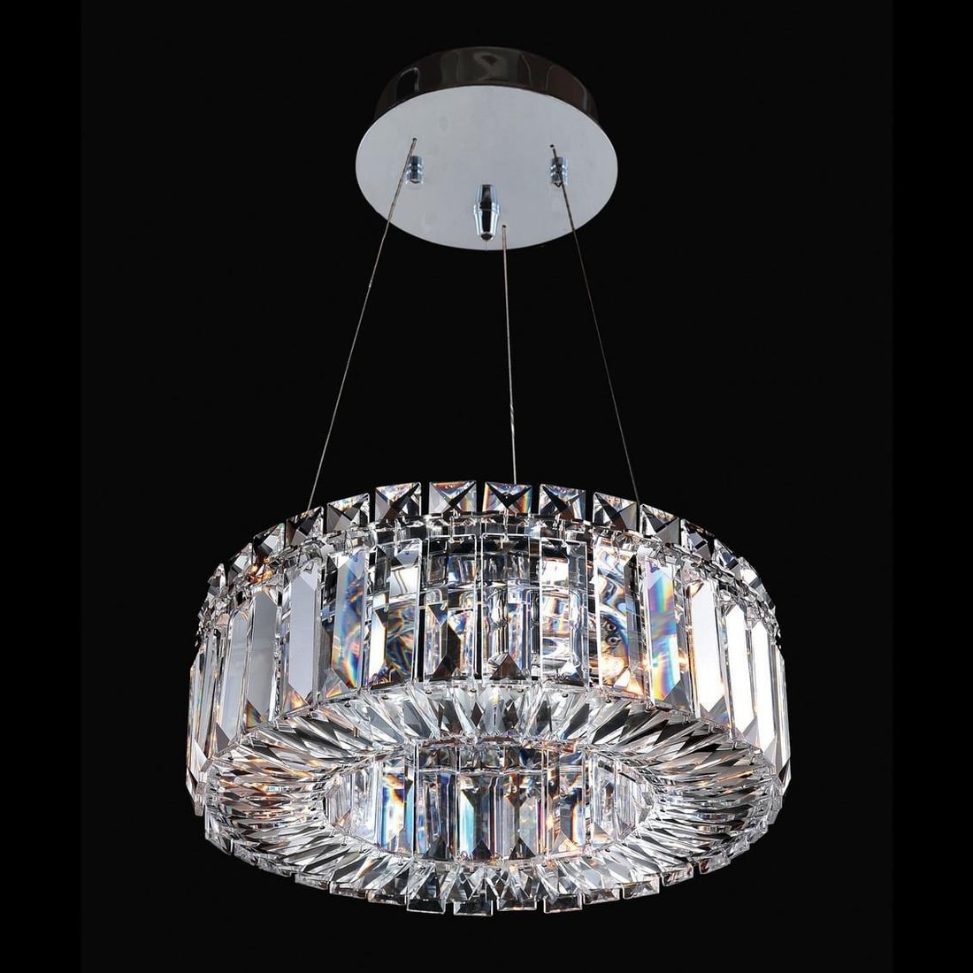 Kalco Rondelle Chrome Pendant Light with Clear Crystal 12 Inch: Kalco Rondelle Chrome Pendant Light with Clear Crystal 12 Inch Elevate your space with the Stunning Adjustable Rondelle Pendant in Chrome. This exquisite lighting fixture features a round design adorn