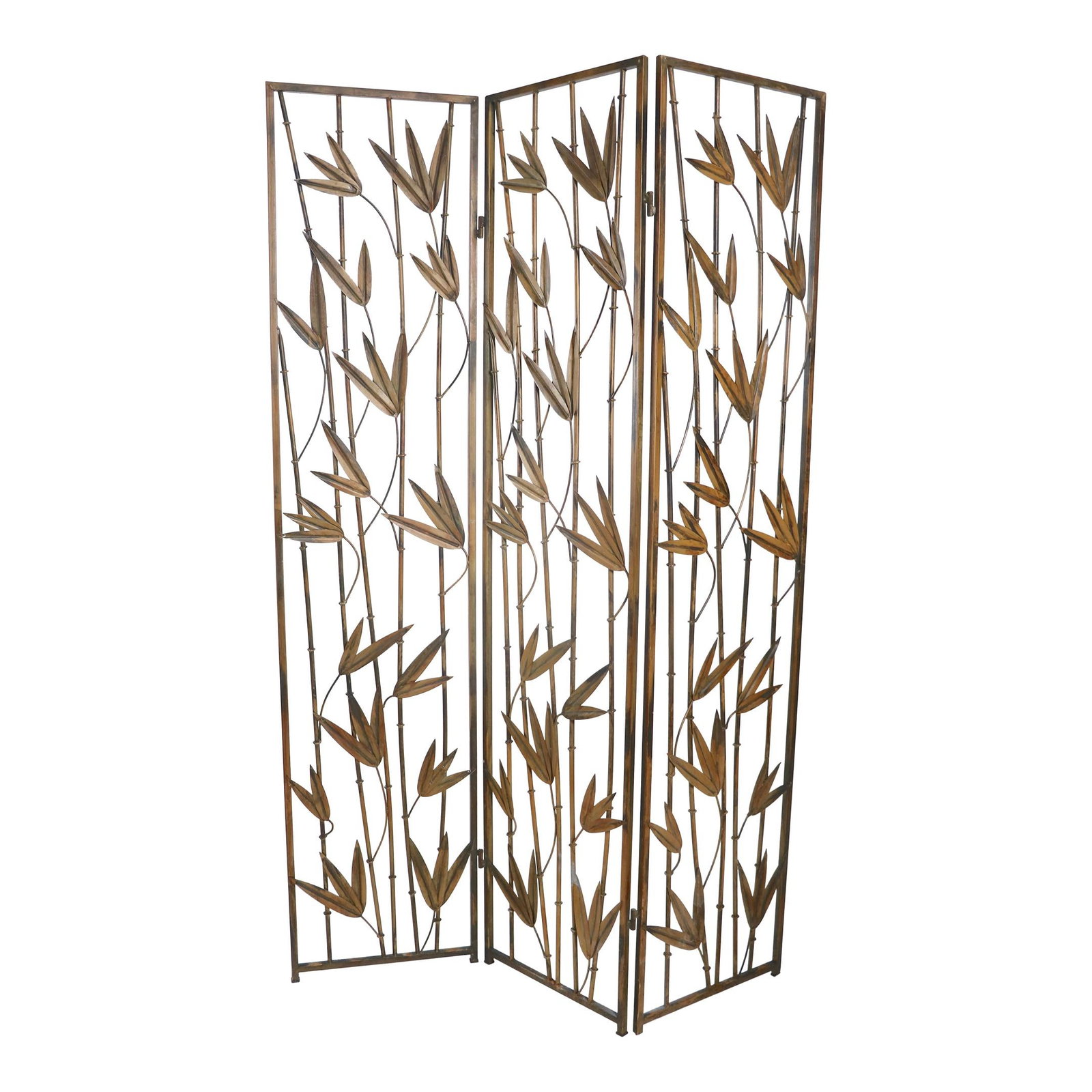 1970s Wrought Iron Faux Bamboo Folding Screen USA: 1970s Wrought Iron Faux Bamboo Folding Screen USA This decorative folding screen features a stylish design crafted from wrought iron, showcasing three panels, each measuring 15.5" W x 70.5" H. The pan