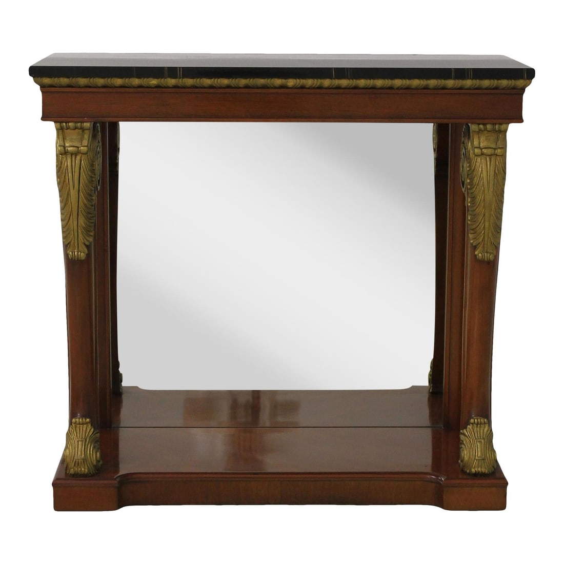Kindel Neoclassical Mahogany Console Table with Gold Gilt Accents: Kindel Neoclassical Mahogany Console Table with Gold Gilt Accents This exquisite Kindel Neoclassical Mahogany Petticoat Console Table showcases a timeless design with exceptional craftsmanship. It fea