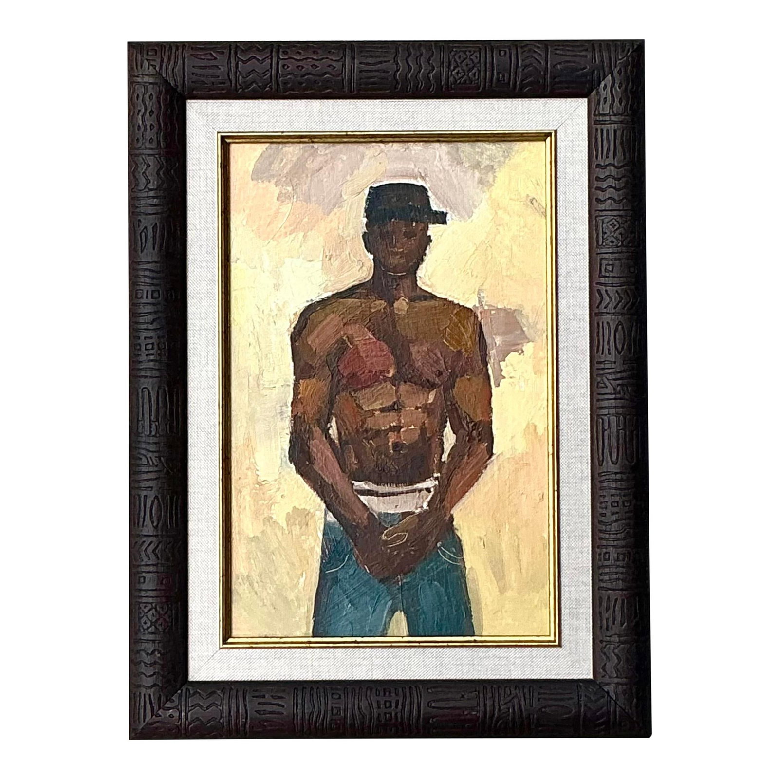 Vintage Boho Framed Oil Painting Portrait of Man: Vintage Boho Framed Oil Painting Portrait of Man Enhance your decor with this exquisite vintage Boho oil painting, featuring a captivating portrait of a man. The artwork is characterized by intricate 