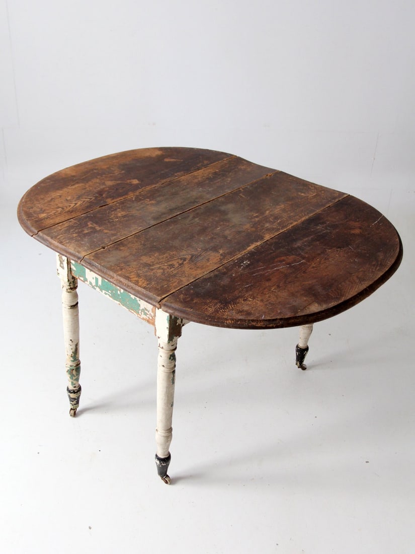 Vintage Antique Drop Leaf Dining Table with Casters - 14