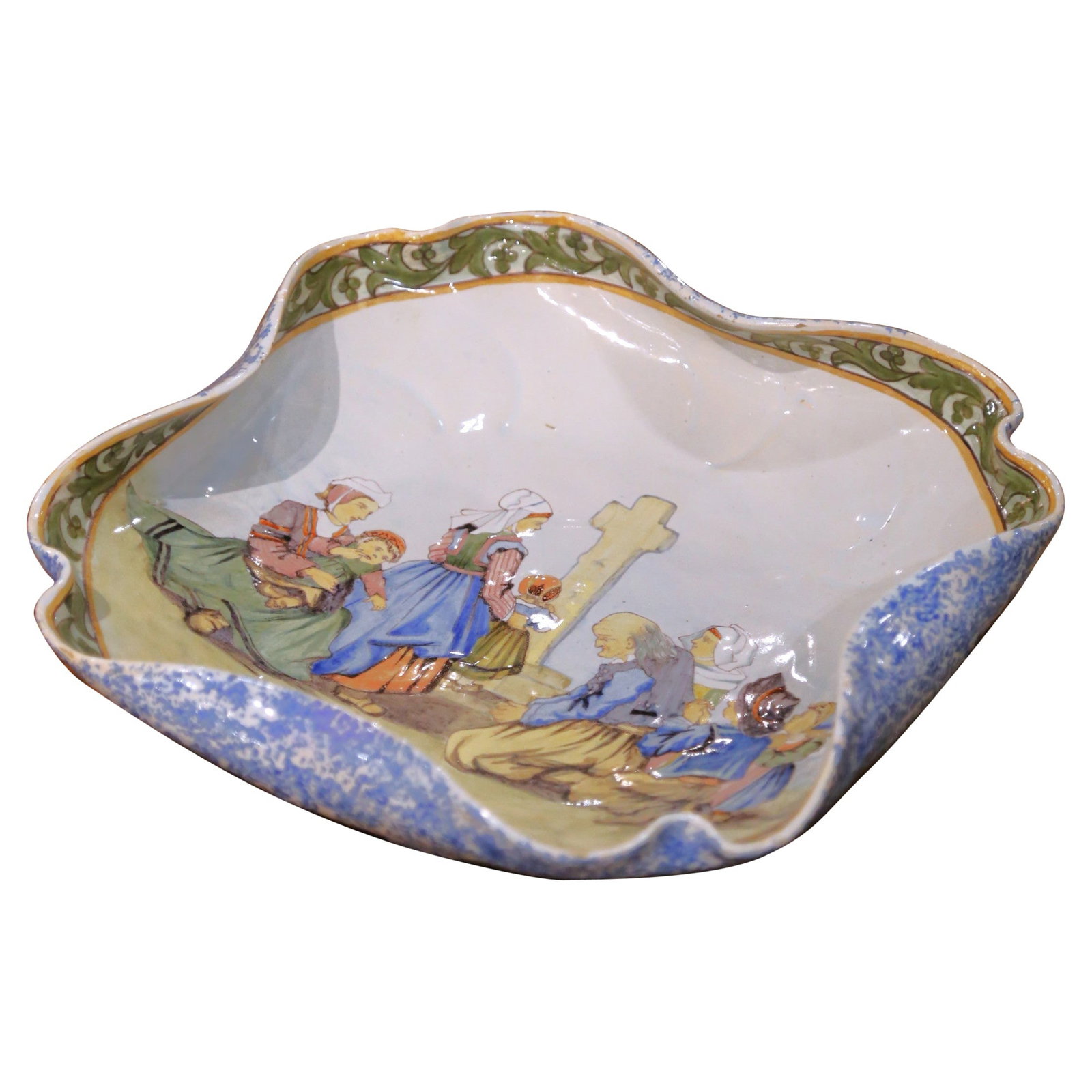 Antique 19th Century Porquier-Beau Quimper Faience Dish: Antique 19th Century Porquier-Beau Quimper Faience Dish This exquisite 19th Century French faience dish from the renowned Porquier-Beau workshop in Quimper, Brittany, is a stunning piece of art that