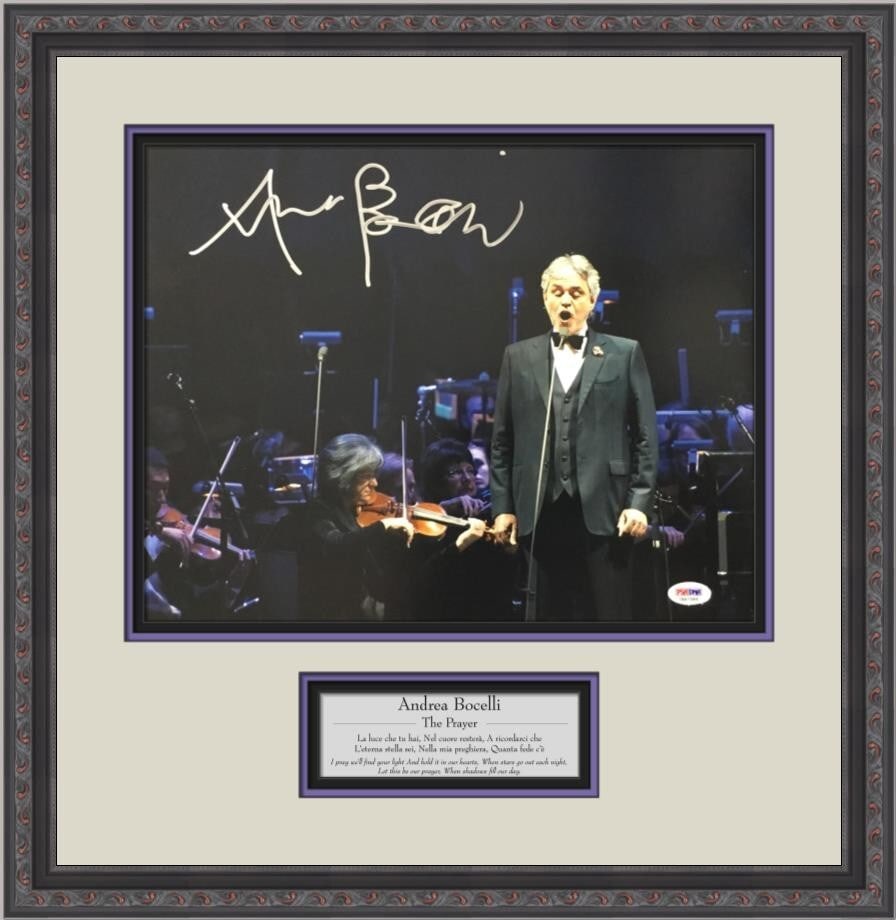 Andrea Bocelli Signed 11x14 Photo Custom Framed PSA/DNA COA: Andrea Bocelli Signed 11x14 Photo Custom Framed PSA/DNA COA This stunning 11" x 14" color photograph of Andrea Bocelli is signed and custom framed to museum quality standards. The frame measures 17"