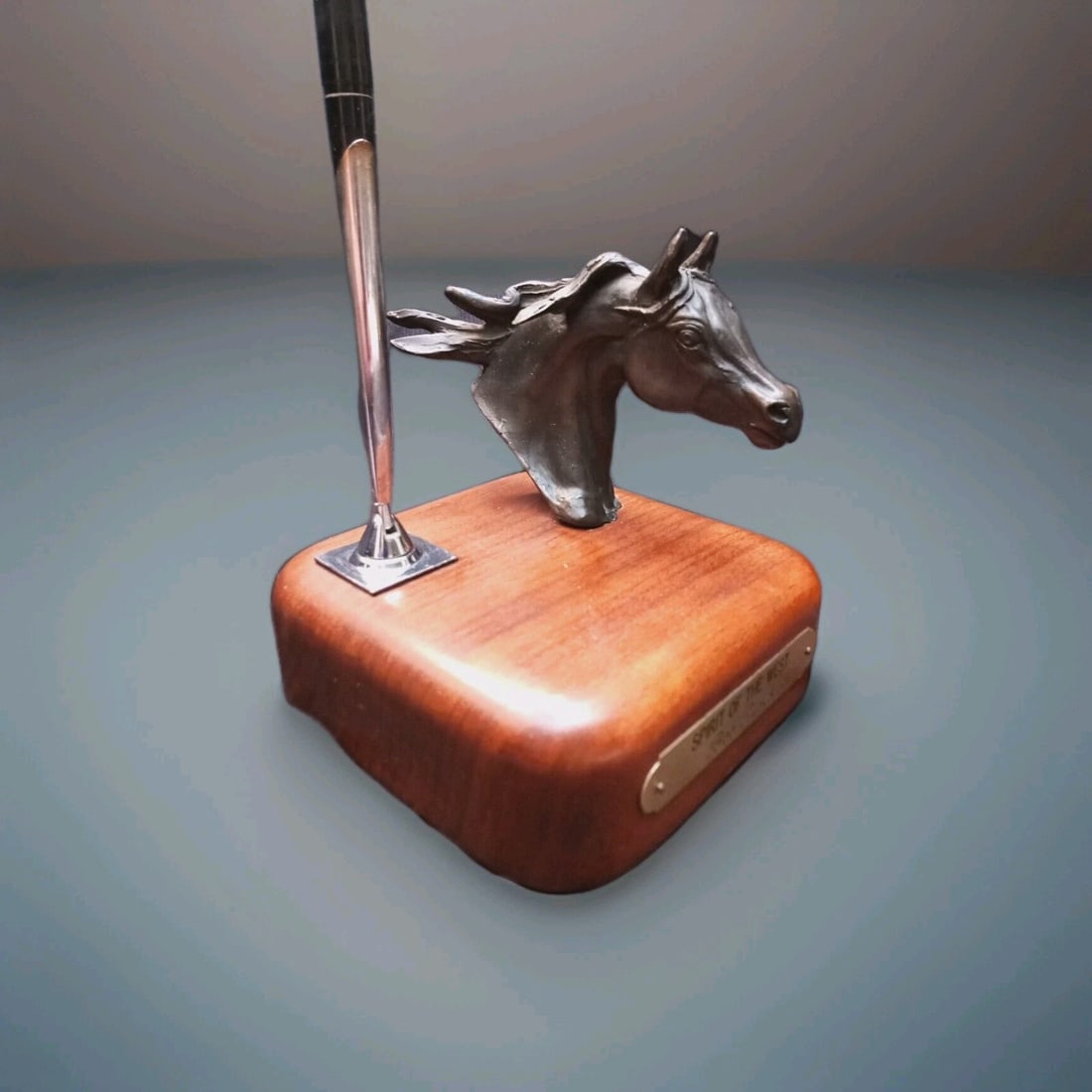 Bob Parks Spirit of the West bronze horse pen rest sculpture: Bob Parks Spirit of the West bronze horse pen rest sculpture Vintage bronze pen rest sculpture titled "Spirit of the West" by Bob Parks, featuring a Western-themed horse and cowboy design. This origin
