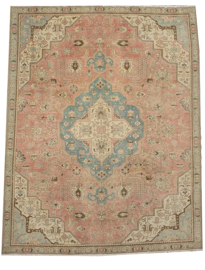 7'4 x 9'4 Hand-Knotted Wool Area Rug Floral Oriental Design: 7'4 x 9'4 Hand-Knotted Wool Area Rug Floral Oriental Design Semi-antique hand-knotted wool area rug with a distressed floral design in muted tones including light red, cream, light gray, and brown. Th