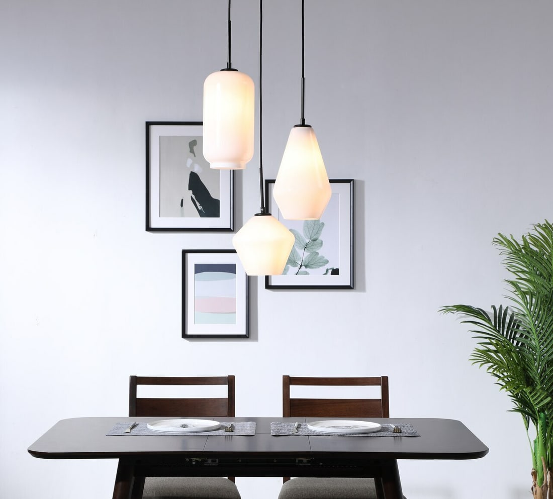 Gene 3 Light Pendant Chandelier Black Frosted White Glass: Gene 3 Light Pendant Chandelier Black Frosted White Glass Modern black pendant chandelier with three lights and frosted white glass shades. It features a height-adjustable design, round shade shape, b