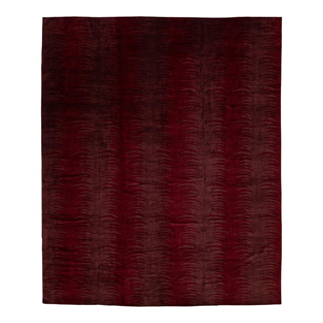 15x18 Tibetan Wool and Silk Hand Knotted Rug in Deep Wine: 15x18 Tibetan Wool and Silk Hand Knotted Rug in Deep Wine Hand-knotted from Tibetan wool and silk, this modern area rug features a subtle textural pattern of cascading stylized motif rows across a dee
