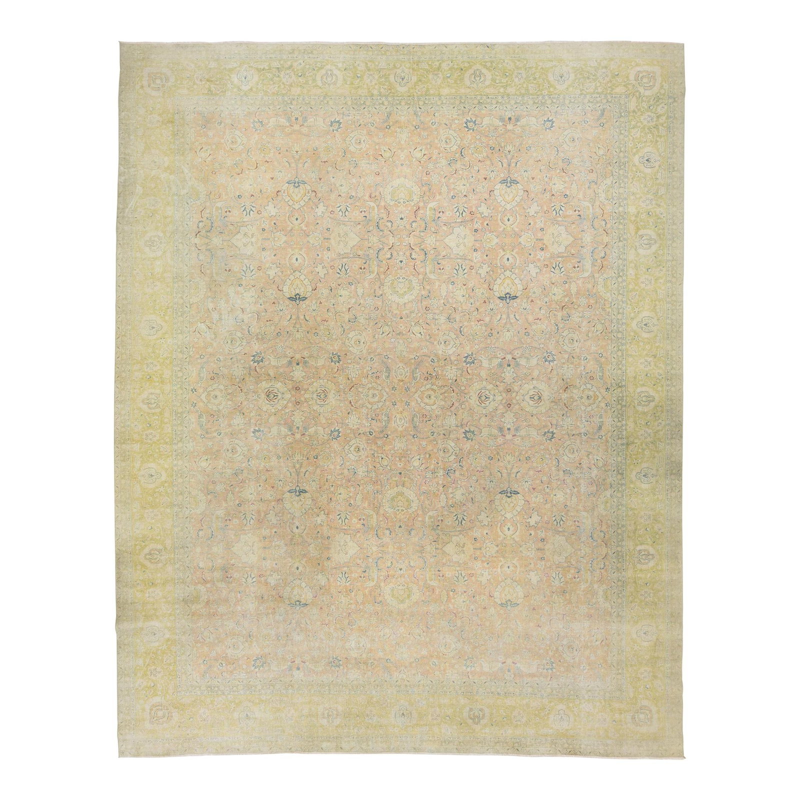 Antique Tabriz Oversized Wool Rug 12'9 x 15'11 Tan Green Floral Design: Antique Tabriz Oversized Wool Rug 12'9 x 15'11 Tan Green Floral Design Discover the timeless elegance of this oversized antique Persian Tabriz wool rug. Hand-knotted with care, it features a captivati
