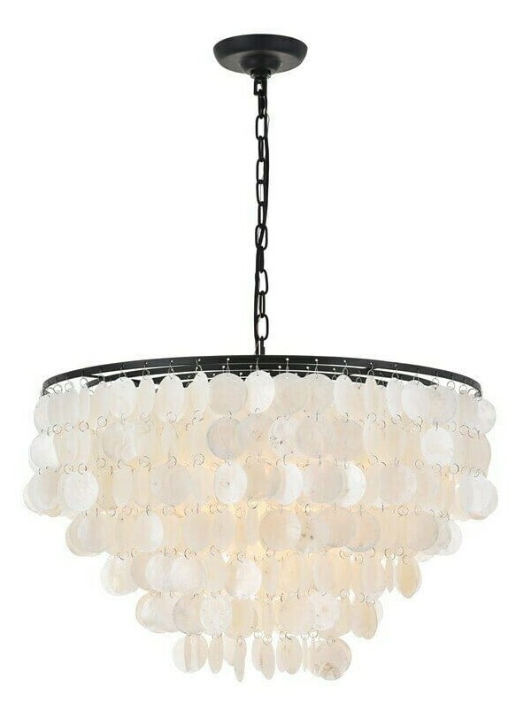 Living District Selene 6 Light Black Shell Pendant: Living District Selene 6 Light Black Shell Pendant This modern pendant chandelier from the Selene Collection features a black iron frame and off-white shell shade, offering a stylish lighting solution