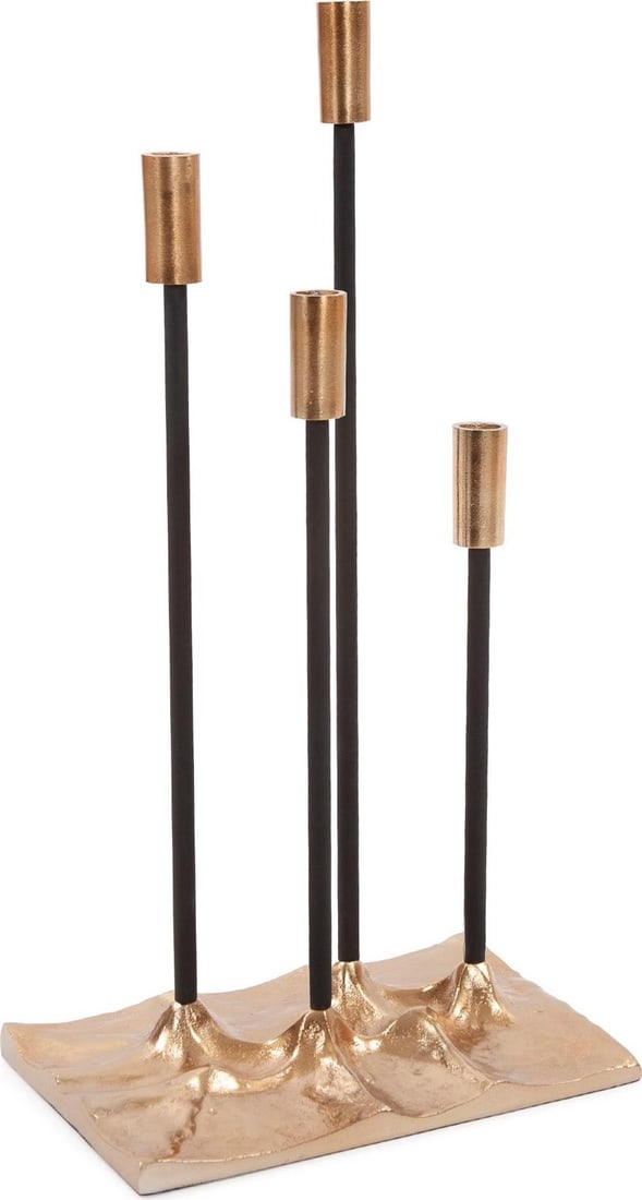Howard Elliott Modern Gold Rectangular Candelabra Aluminum Textured Finish: Howard Elliott Modern Gold Rectangular Candelabra Aluminum Textured Finish Enhance your space with this stunning Modern Gold Candelabra, perfect for adding a touch of elegance to any decor. Crafted fr