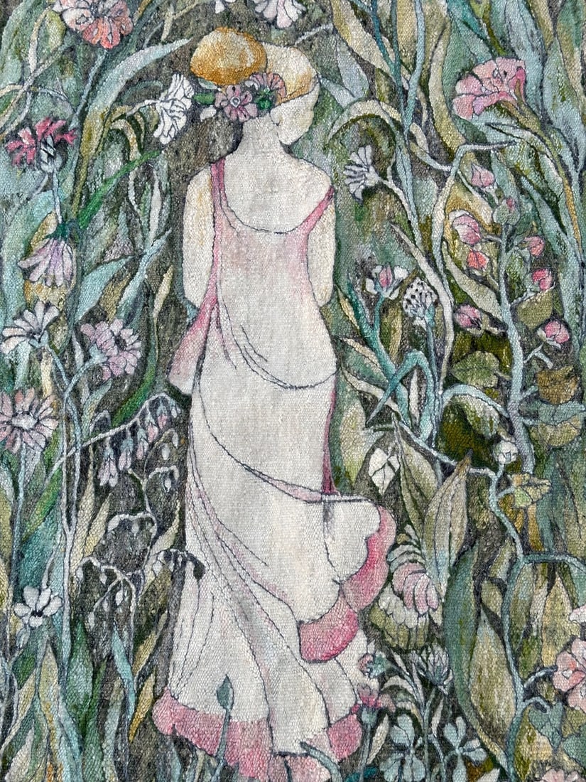 Vintage Art Nouveau Botanical Lady Wool Wall Tapestry 2x4 ft: Vintage Art Nouveau Botanical Lady Wool Wall Tapestry 2x4 ft This vintage European Art Nouveau hand-woven tapestry features a graceful lady surrounded by botanical motifs in soft green, blush, and cre