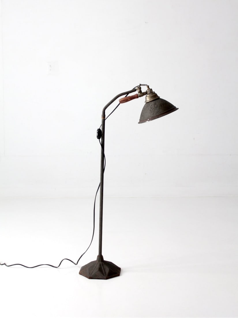 Industrial Floor Lamp with Cast Iron Base Gooseneck Shade: Industrial Floor Lamp with Cast Iron Base Gooseneck Shade Early 20th century industrial floor task lamp with a substantial cast iron base, adjustable gooseneck arm, spun metal shade, and turned wood h