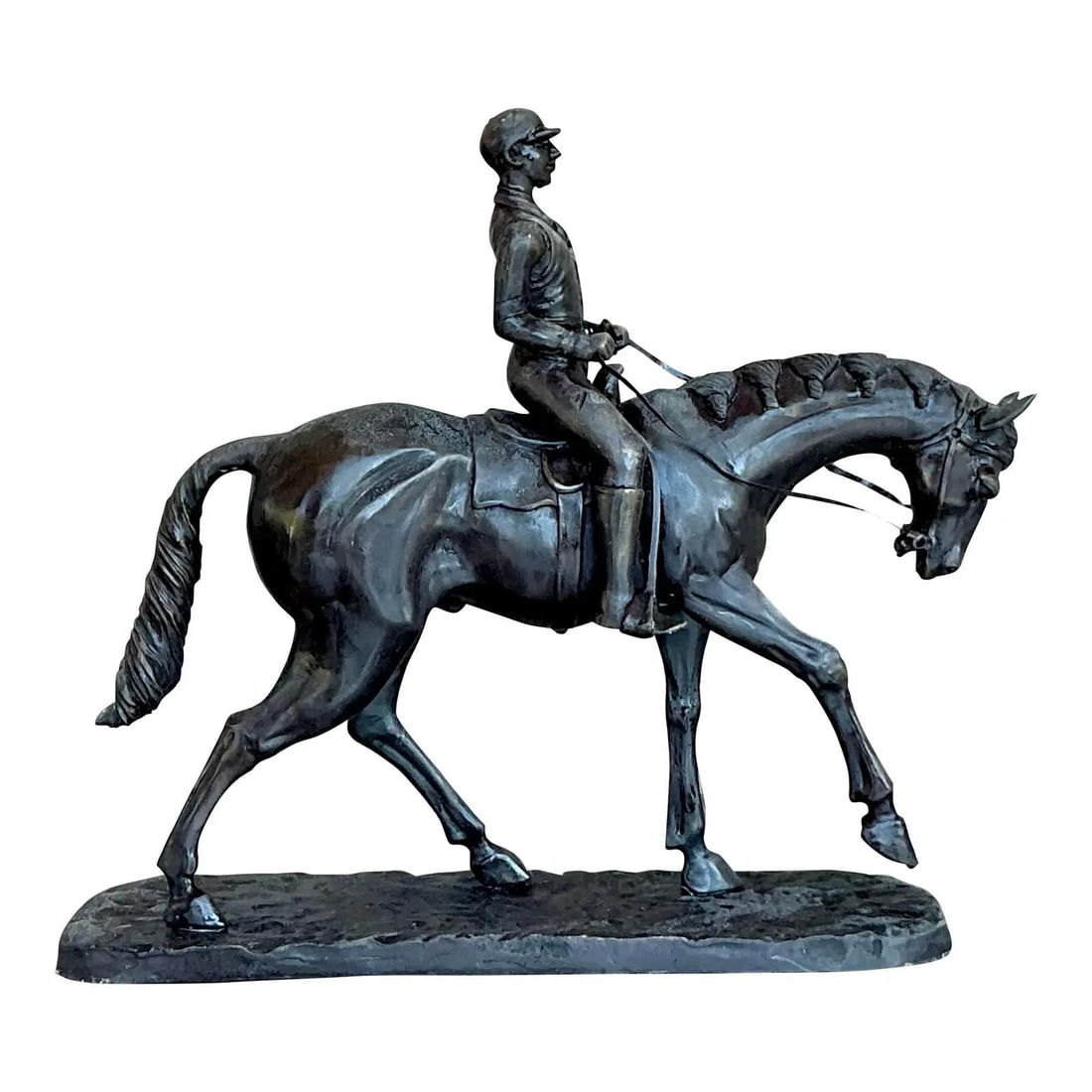 Vintage Boho Metal Rider and Horse Sculpture 17.5" Long: Vintage Boho Metal Rider and Horse Sculpture 17.5" Long Embrace the essence of equestrian elegance with this Vintage Boho Patinated Rider and Horse Sculpture. Crafted with meticulous detail, this