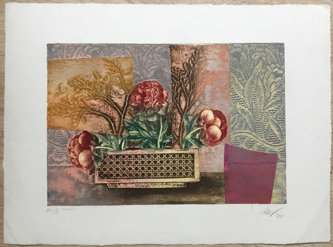 Mikulas Kravjansky Limited Edition Signed Etching Peonies 26x19 Framed Art (1 of 4)