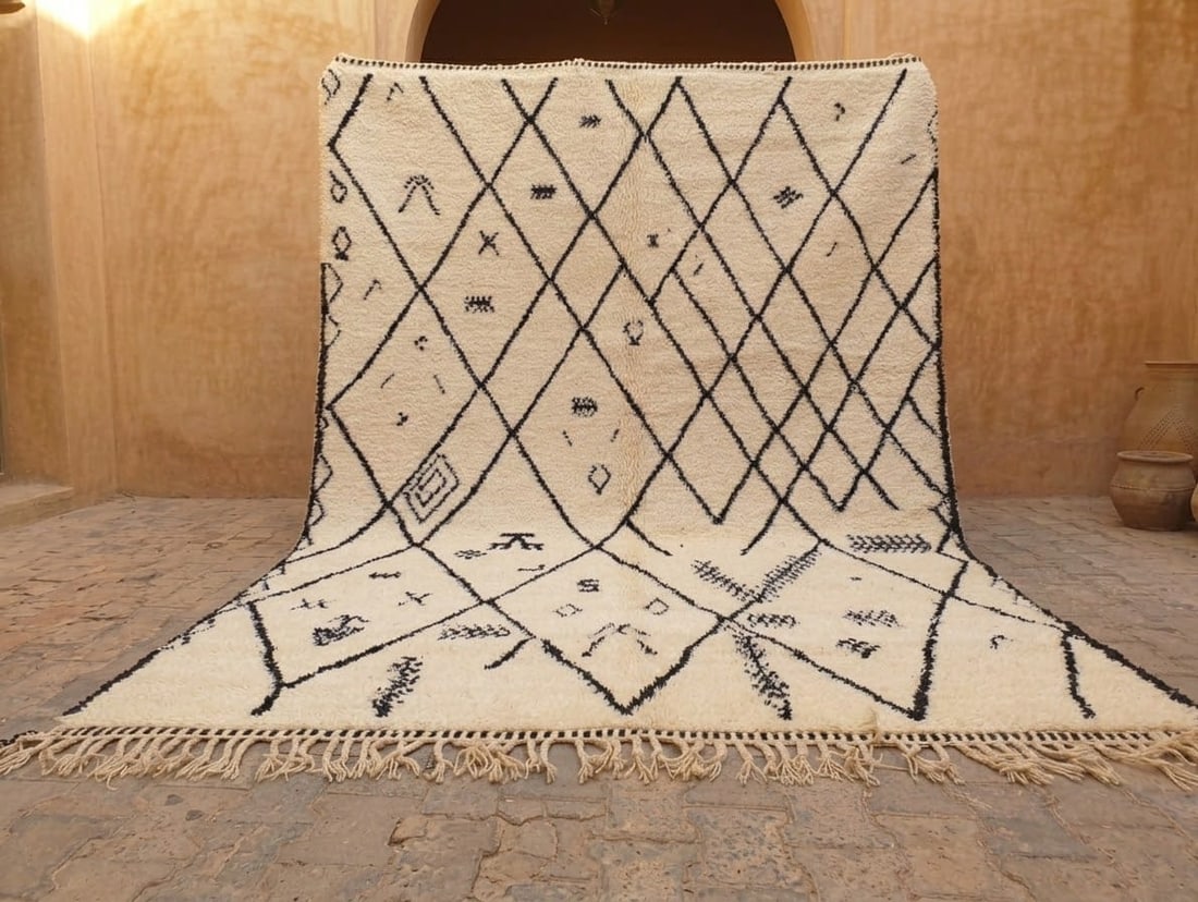 8.2 ft x 4.9 ft Beni Ourain Moroccan wool rug tribal motif: 8.2 ft x 4.9 ft Beni Ourain Moroccan wool rug tribal motif Handmade Moroccan Berber Beni Ourain rug with a natural undyed cream field, charcoal-black diamond lattice, and traditional tribal glyph moti