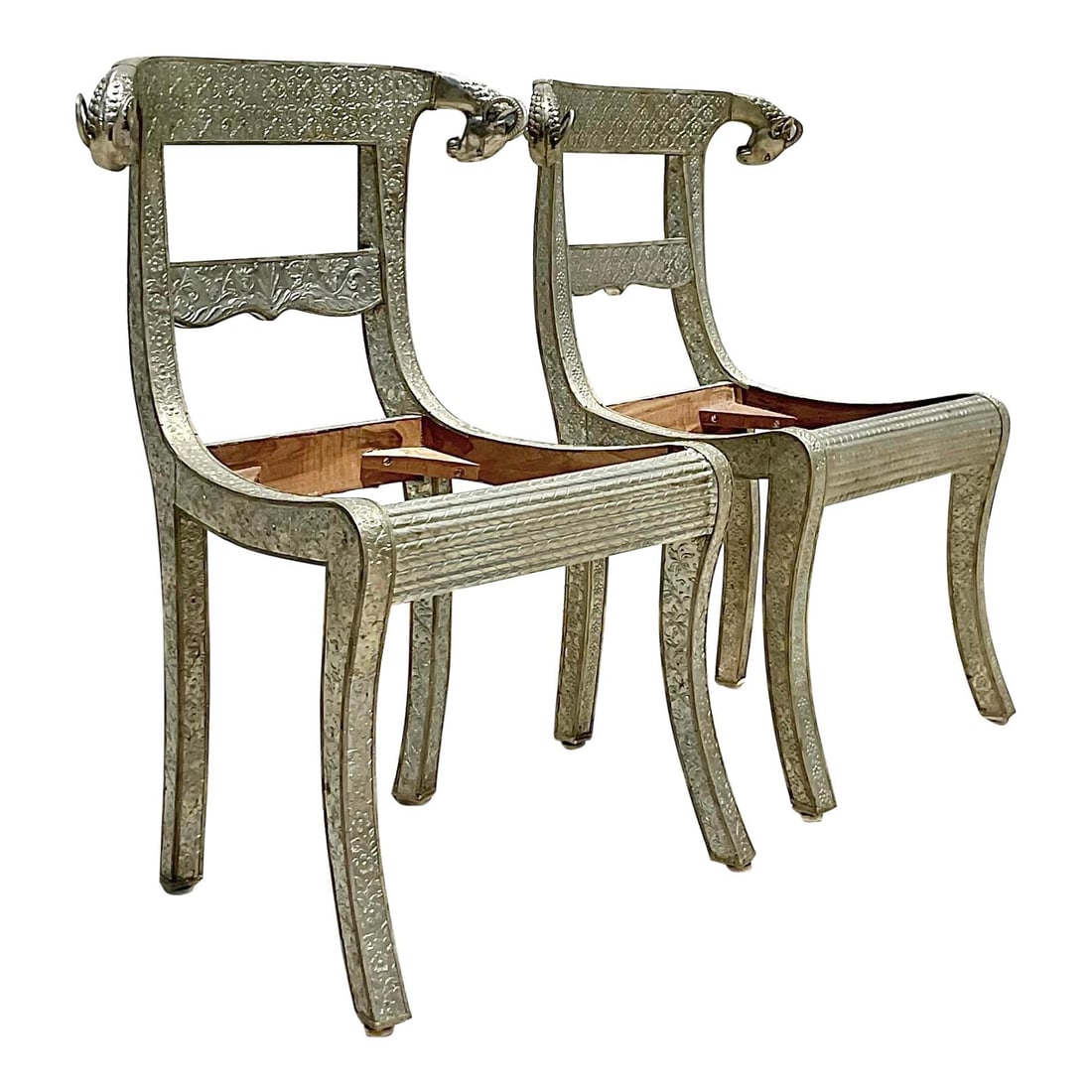 Pair of Vintage Anglo Indian Wedding Chairs with Rams Head Chrome Detail Set of 2 (1 of 10)