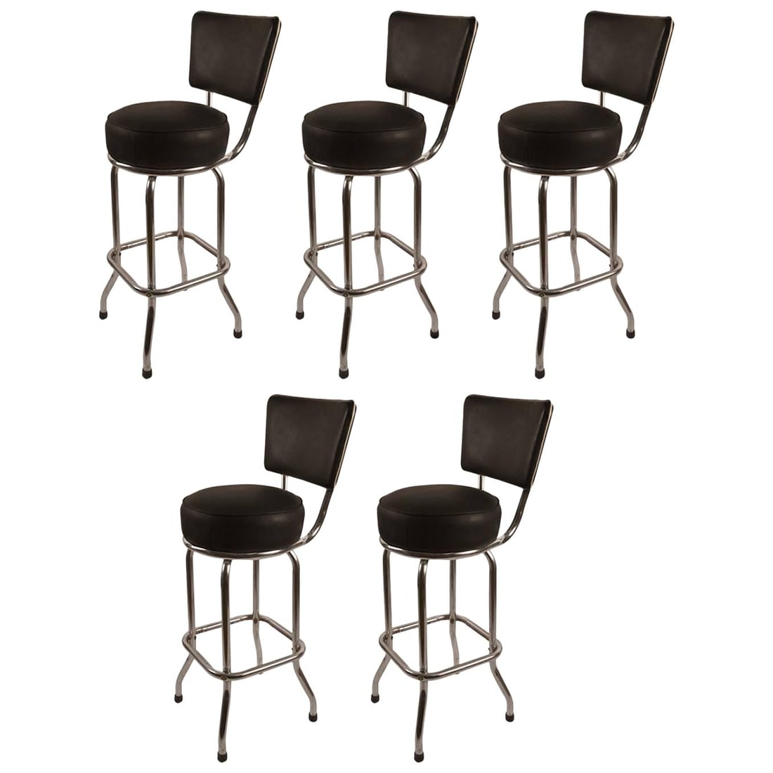 Set of 5 Vintage Chrome Swivel High Back Stools: Set of 5 Vintage Chrome Swivel High Back Stools This set of five tubular chrome swivel high back stools combines modern style with practicality. Each stool features a freshly upholstered seat in black
