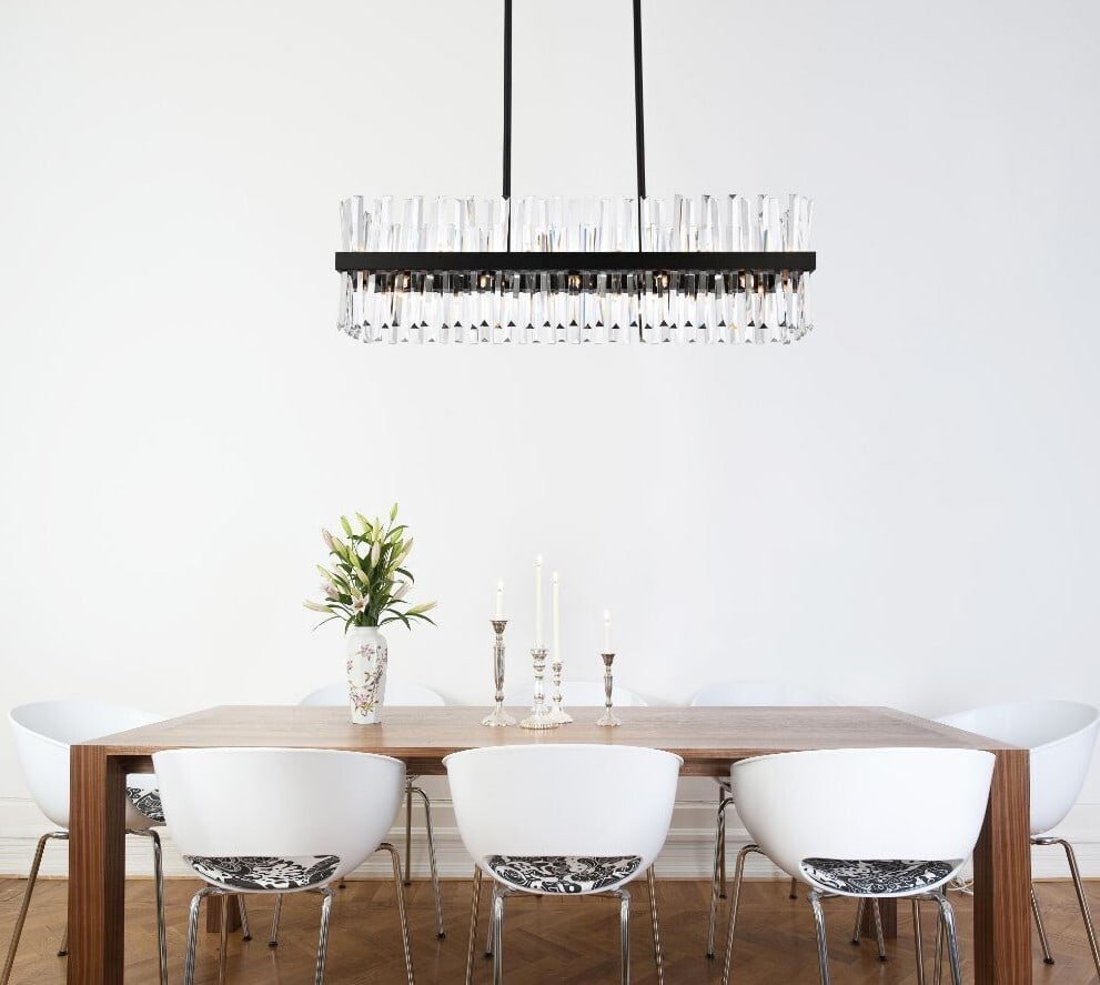 Black Crystal Serephina 24-Light Modern Chandelier 42 inch: Black Crystal Serephina 24-Light Modern Chandelier 42 inch This modern chandelier features a sleek black finish and is adorned with high-quality clear crystals. Designed for versatile use in dining ro