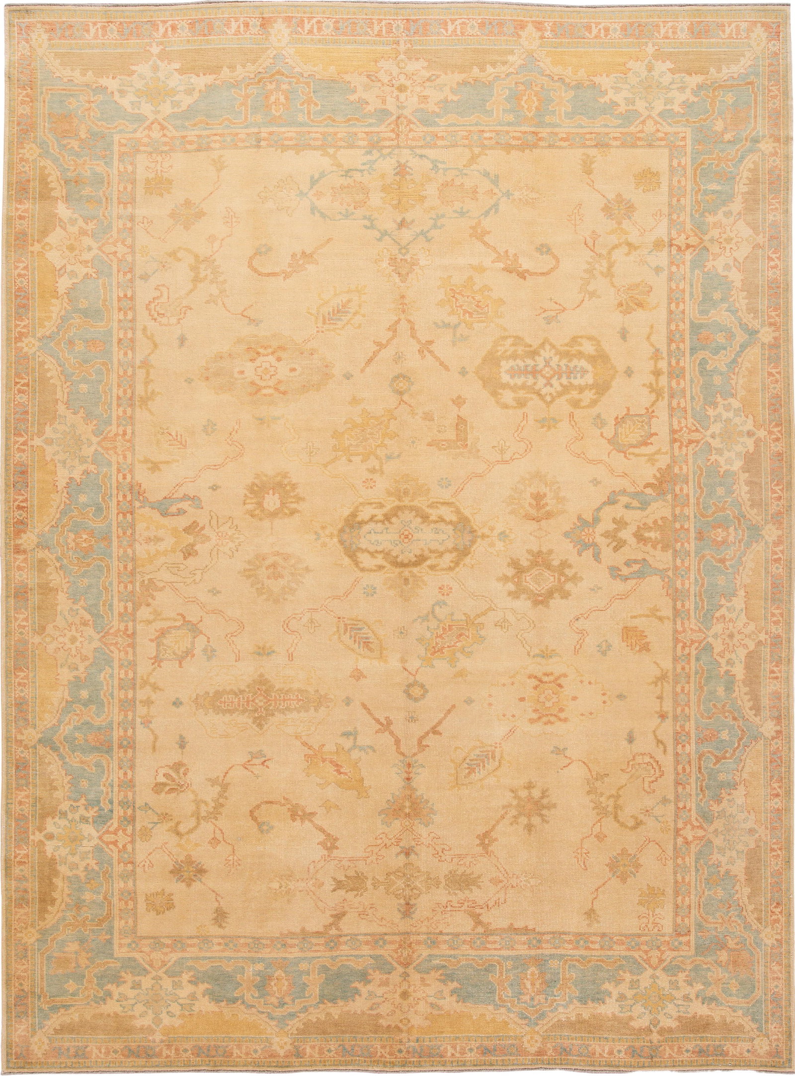 Vintage Turkish Oushak Hand Knotted Wool Rug 10'3 x 13'10 Tan Blue Accents: Vintage Turkish Oushak Hand Knotted Wool Rug 10'3 x 13'10 Tan Blue Accents Discover the elegance of this vintage Turkish Oushak rug, expertly hand-knotted from premium wool. With a warm tan field and 
