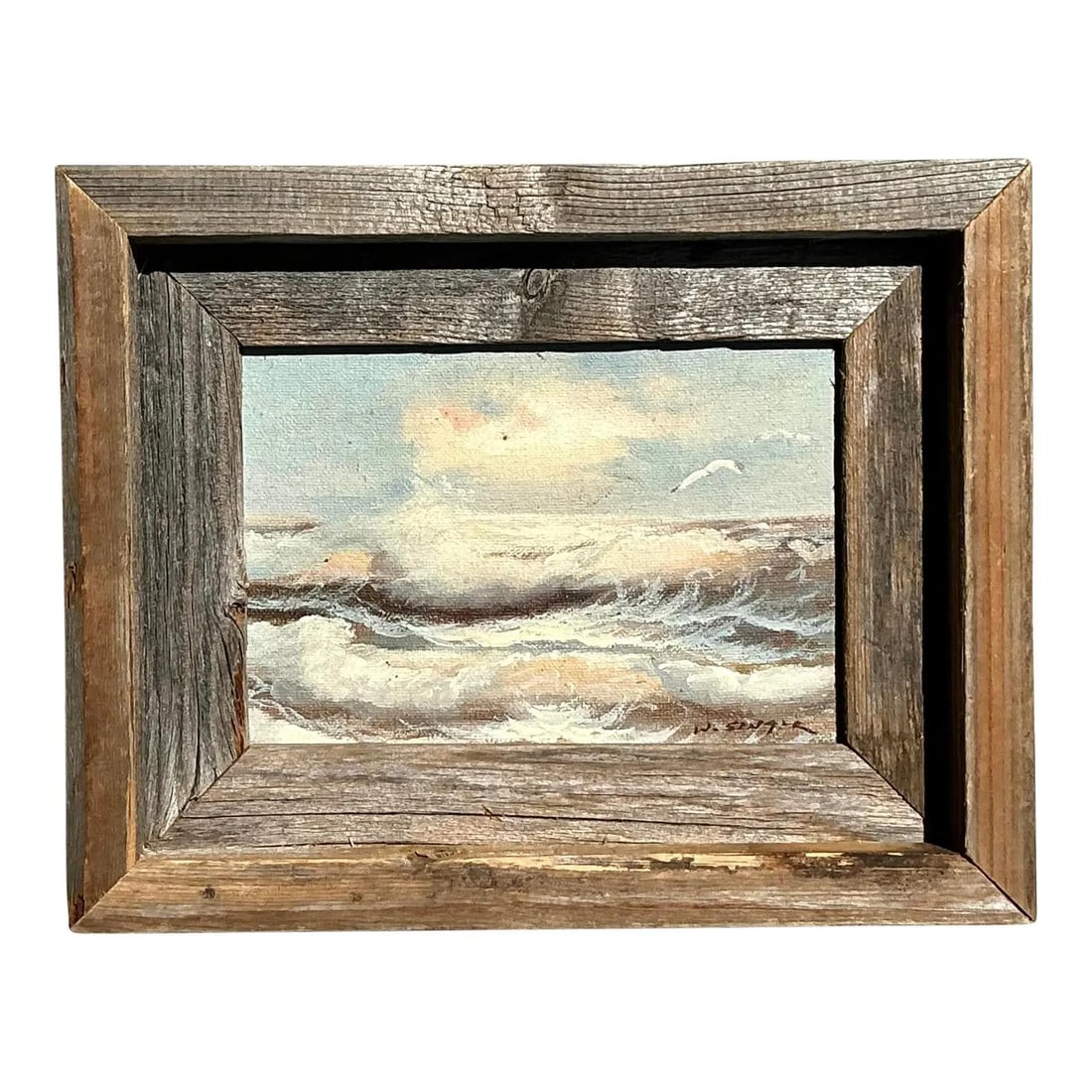 Vintage Coastal Seascape Oil Painting on Board in Rustic Frame: Vintage Coastal Seascape Oil Painting on Board in Rustic Frame Enhance your space with this stunning vintage coastal seascape, expertly painted in oil on board. The artwork captures the dynamic beauty