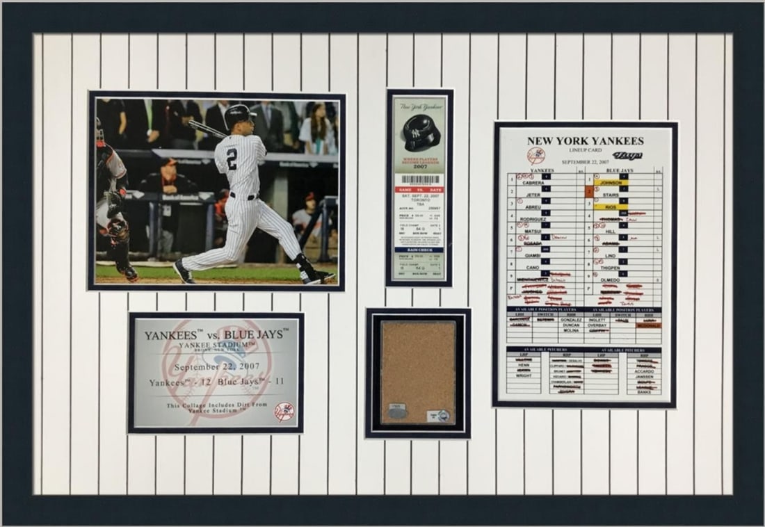 Derek Jeter Yankees Game-Used Dirt Custom Framed Collage Steiner LOA: Derek Jeter Yankees Game-Used Dirt Custom Framed Collage Steiner LOA This remarkable memorabilia piece features dirt from Yankee Stadium, associated with the legendary Derek Jeter. It is a unique coll