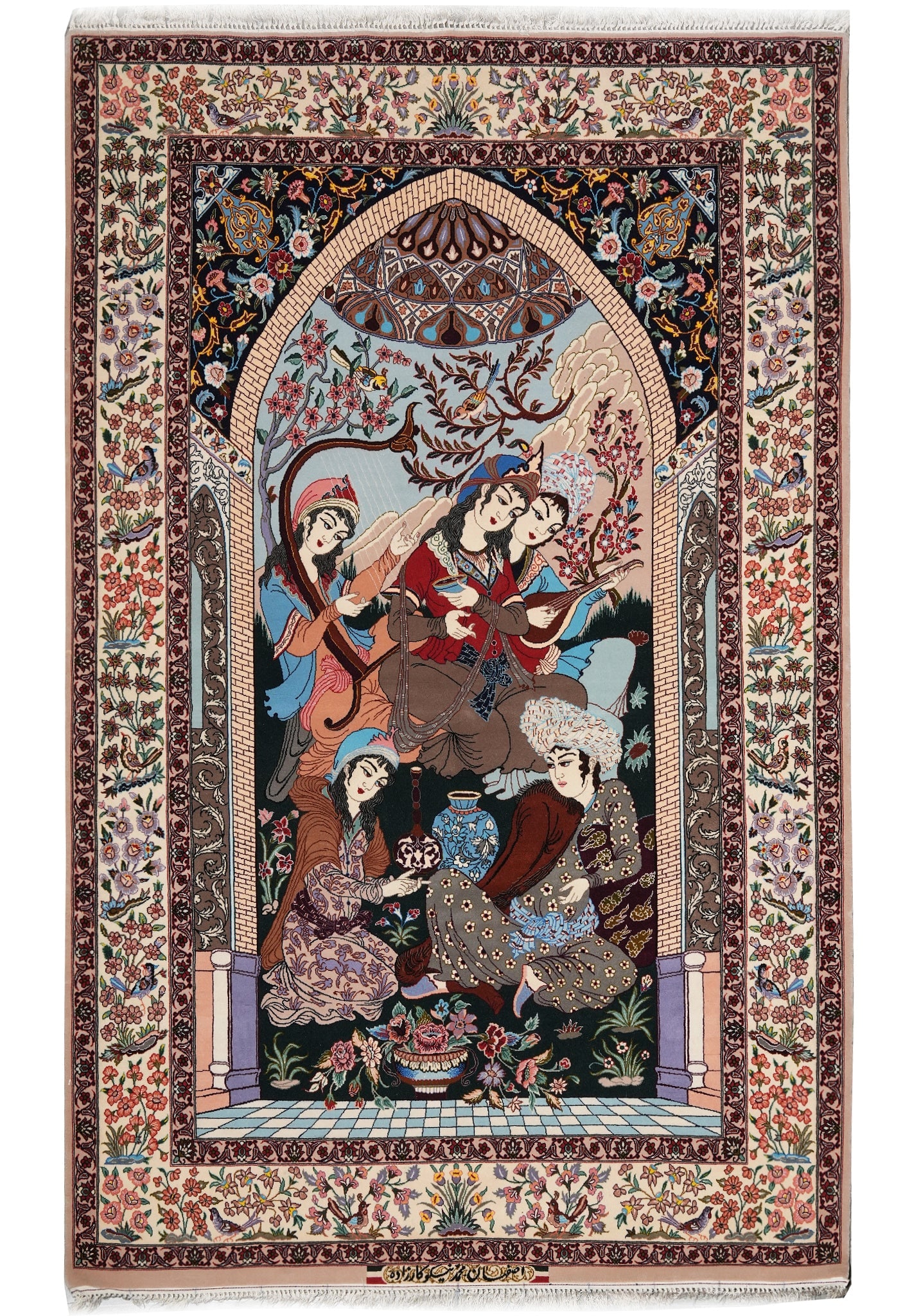 Authentic Persian Pictorial Esfahan Rug 4.8 x 7.9 Wool and Silk on Silk 500 KPSI Iran: Authentic Persian Pictorial Esfahan Rug 4.8 x 7.9 Wool and Silk on Silk 500 KPSI Iran Free continental US Shipping Authentic Fine Persian Pictorial Esfahan rug made in Iran. This rug is crafted with