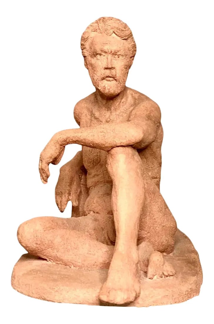 Seated Bearded Man Figural Sculpture Terracotta Painted Plaster (1 of 10)