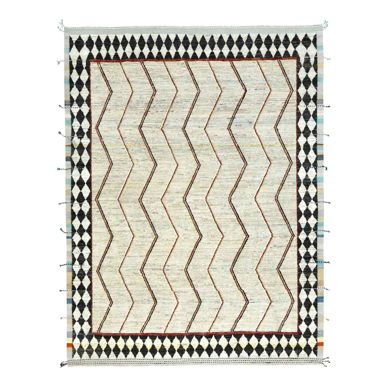 Handmade Moroccan Geometric Wool Rug 8' x 10' Beige: Handmade Moroccan Geometric Wool Rug 8' x 10' Beige Enhance your living space with this Contemporary Handmade Geometric Wool Rug. Featuring a beautiful beige background adorned with light brown and mu
