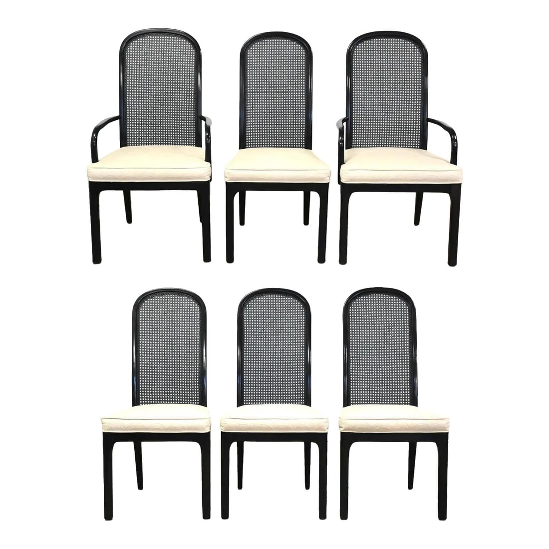 Bernhardt 1970s Black Lacquer Dining Chairs Set of 6 Cane Back: Bernhardt 1970s Black Lacquer Dining Chairs Set of 6 Cane Back This exquisite set of six mid-century modern dining chairs features a striking black lacquer finish, complemented by elegant cane backs a