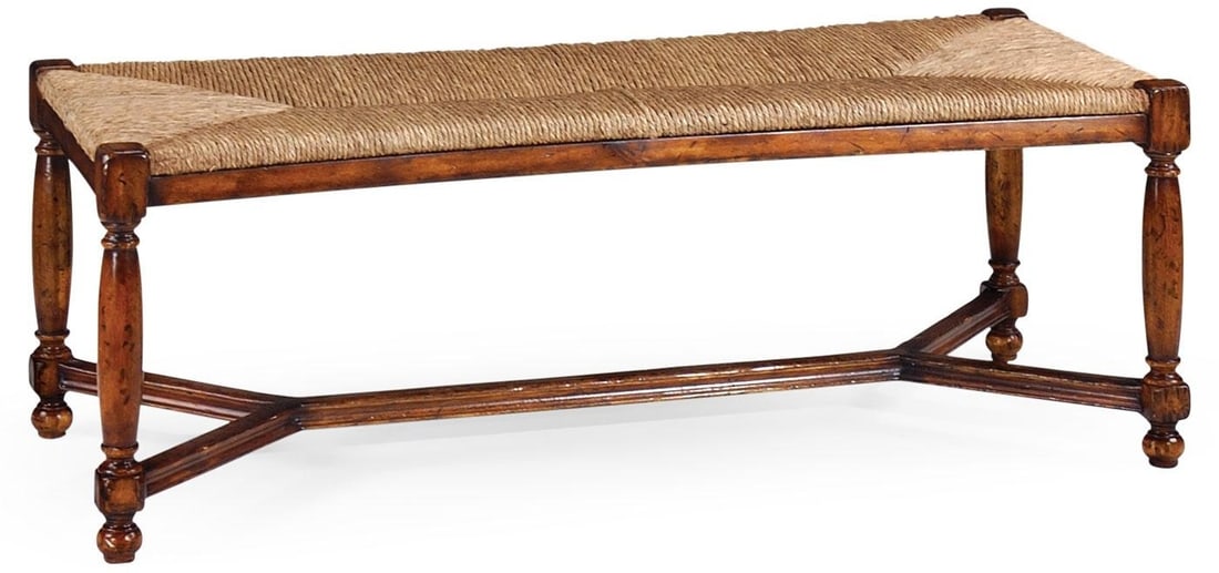 Country Farmhouse Style Bench with Hand-Turned Legs and Rush Seating (1 of 1)