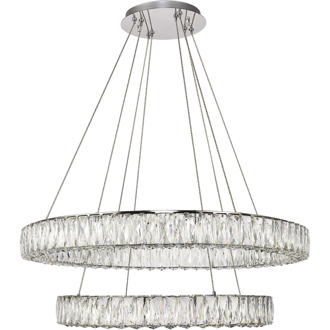 Lighting Monroe LED Crystal Chandelier 31.5 in Chrome: Lighting Monroe LED Crystal Chandelier 31.5 in Chrome Modern chrome chandelier with royal cut clear crystals and an integrated LED design. The round fixture features a stainless steel frame fully cove