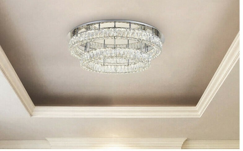 Monroe Collection 34 Inch LED Chrome Crystal Flush Mount Ceiling Chandelier: Monroe Collection 34 Inch LED Chrome Crystal Flush Mount Ceiling Chandelier This modern flush mount chandelier features two tiers of stainless steel rings with a polished chrome finish, adorned with r