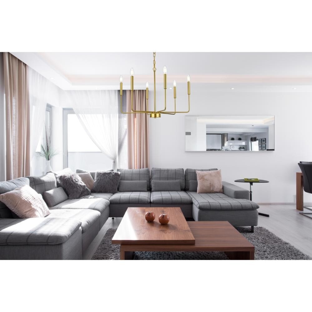 Willa 6 Light Brass Finish Chandelier 26 Inch: Willa 6 Light Brass Finish Chandelier 26 Inch This modern chandelier features a brass color finish and a sleek, round design, making it an elegant choice for living rooms, dining rooms, bedrooms, kitc