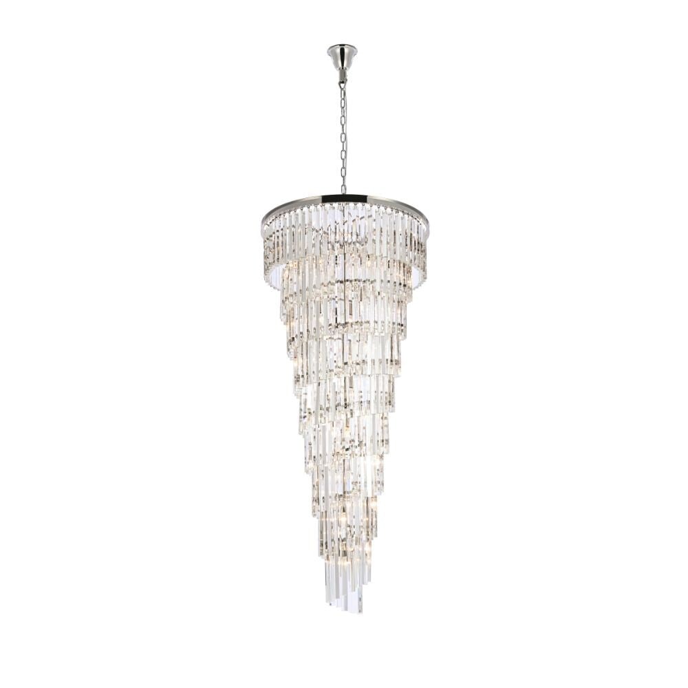 Sydney 35 Light Crystal Chandelier Polished Nickel 66 in: Sydney 35 Light Crystal Chandelier Polished Nickel 66 in Modern crystal chandelier with a polished nickel finish, designed as a 35-light fixture for indoor use. It features clear royal cut crystals, a