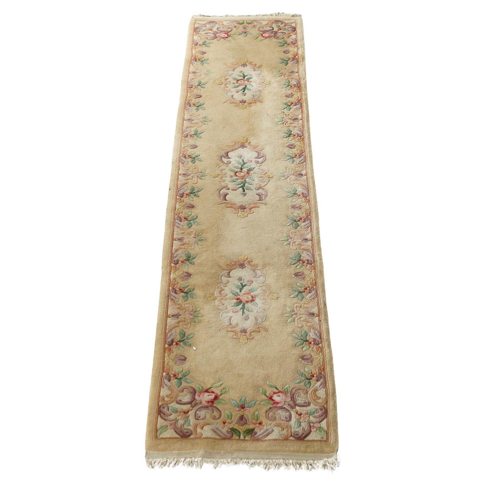 122 x 27.75 Wool Chinese Nichols Runner with Triple Floral Medallions: 122 x 27.75 Wool Chinese Nichols Runner with Triple Floral Medallions Experience the elegance of this antique Chinese Nichols oriental rug runner, skillfully woven from high-quality wool. Featuring a 
