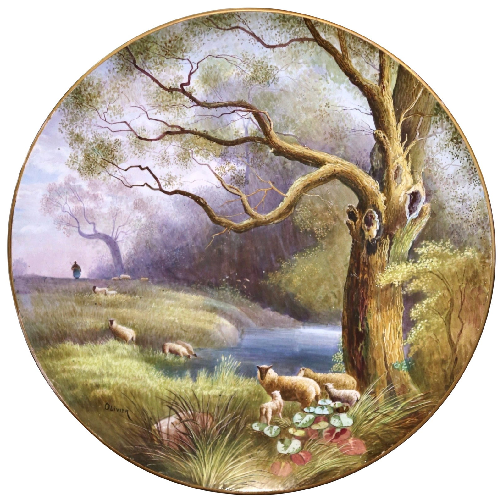 Signed Olivier French porcelain charger with hand-painted sheep scene (1 of 10)