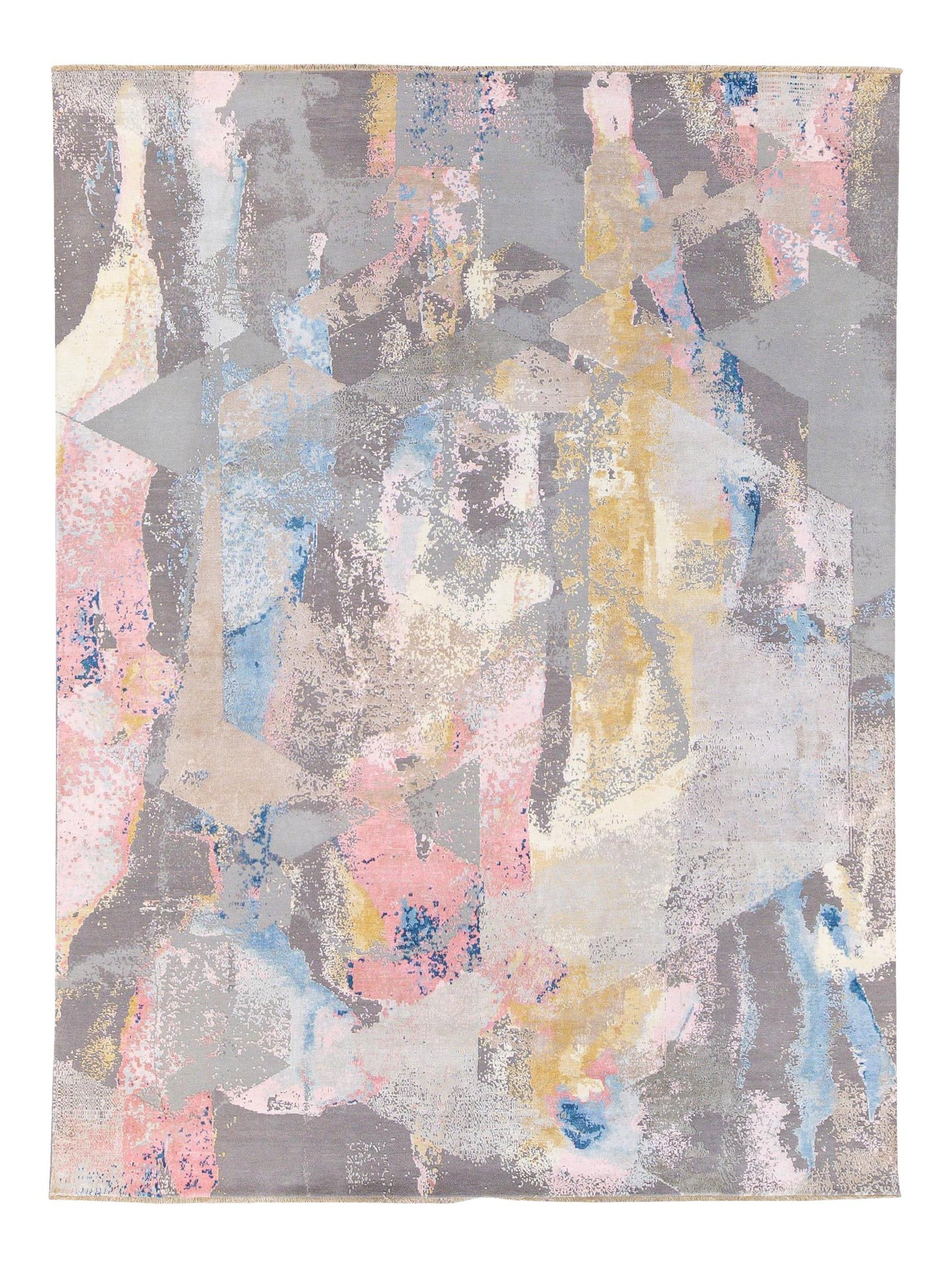Modern Indian Hand-Knotted Abstract Wool Silk Rug 9'1 x 12'2: Modern Indian Hand-Knotted Abstract Wool Silk Rug 9'1 x 12'2 Enhance your living space with this stunning modern Indian hand-knotted rug, expertly crafted from a blend of wool and silk. Featuring a st