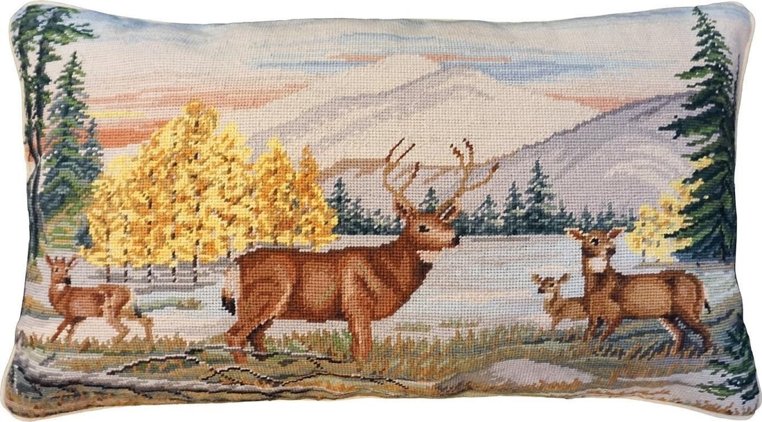 Rustic Handmade 18x28 Needlepoint Pillow with Deer Design: Rustic Handmade 18x28 Needlepoint Pillow with Deer Design Introducing an exquisite handmade needlepoint pillow that adds a touch of rustic charm to your home decor. Crafted in an antique or vintage st
