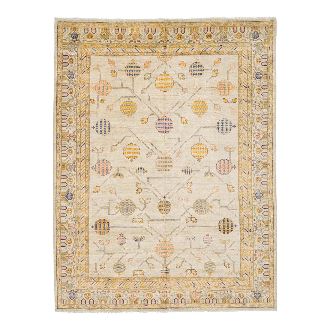 Hand-Knotted Cream Wool Rug with Tree of Life Motif in Modern Khotan Style: Hand-Knotted Cream Wool Rug with Tree of Life Motif in Modern Khotan Style This Modern Khotan style hand-knotted wool rug features a minimalist Tree of Life motif, symbolizing abundance, on a neutral 