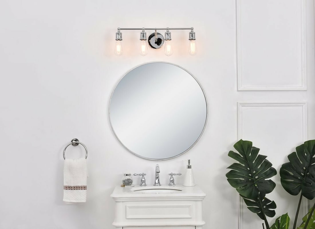 Serif 4 Light Chrome Metal Wall Sconce 22.1 in: Serif 4 Light Chrome Metal Wall Sconce 22.1 in This 4-light wall sconce features a chrome finish and a metal construction with an open shade design. It is hardwired for indoor use and is rated ETL dry