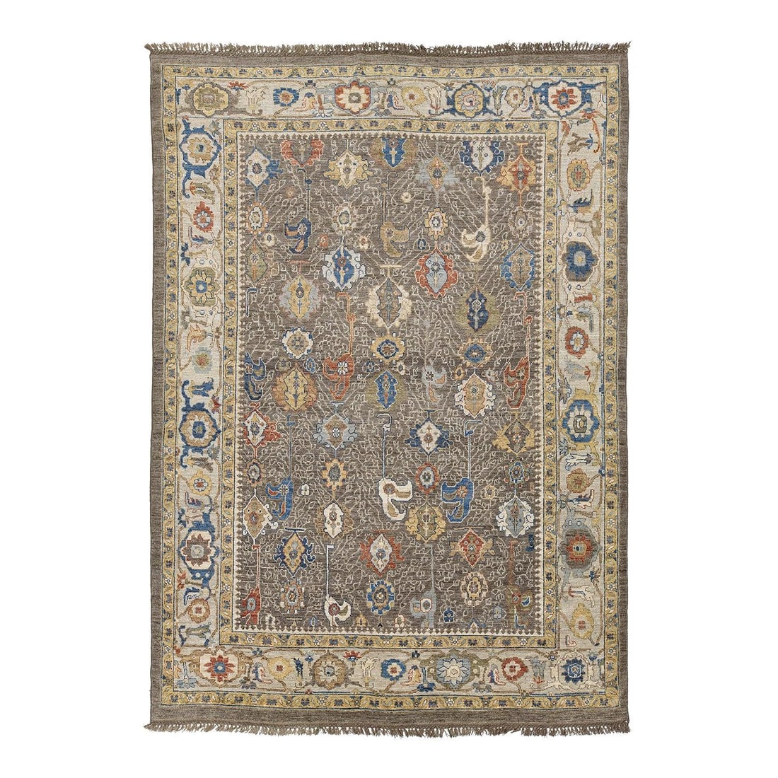 10' x 14' Hand Knotted Wool Area Rug Modern Oushak Style: 10' x 14' Hand Knotted Wool Area Rug Modern Oushak Style Hand-knotted from hand-spun wool, this Modern Oushak style area rug features a taupe-grey field with subtle abrash variation and a pattern of f