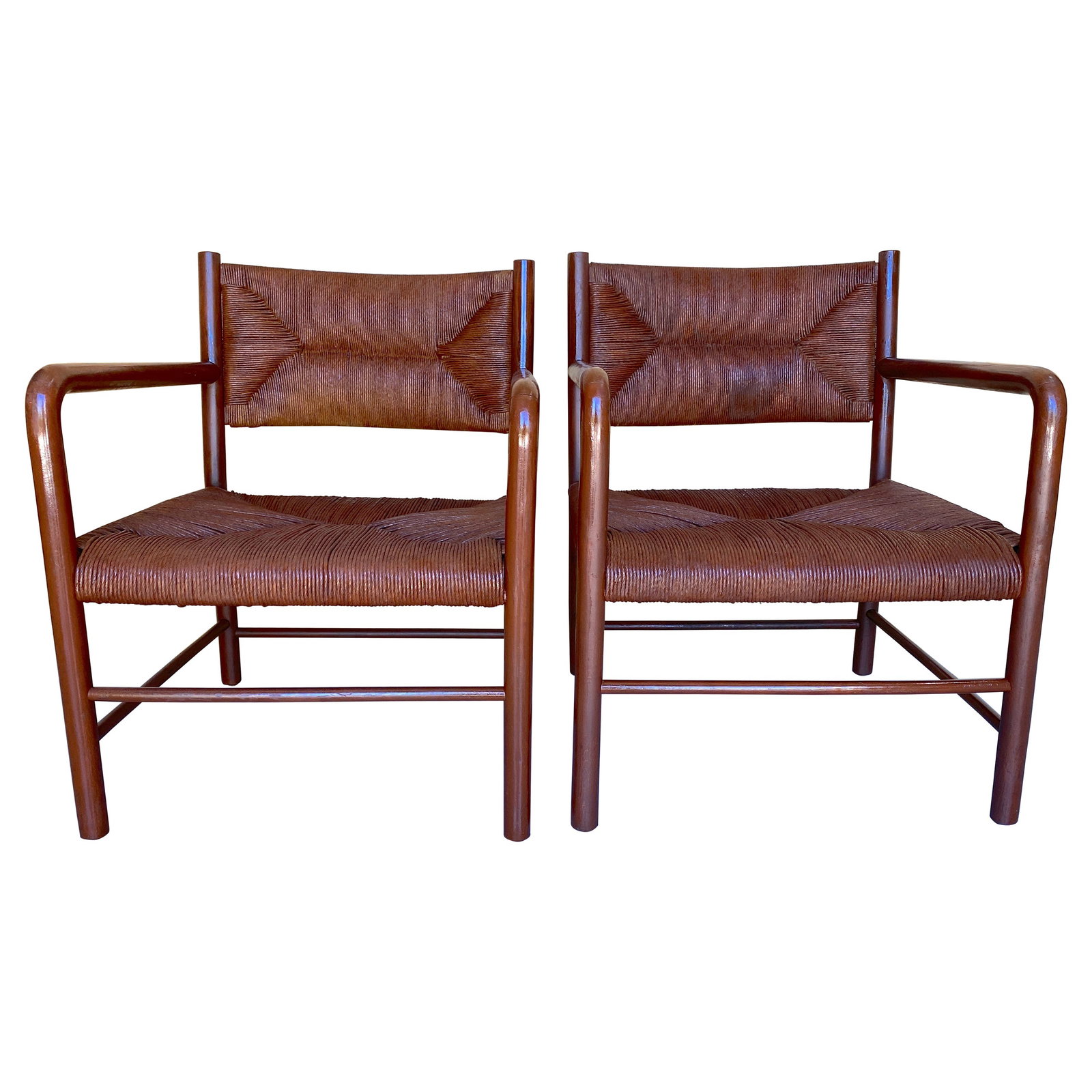 Emanuele Rambaldi 1940s Modernist Brown Lacquered Armchairs Set of 2: Emanuele Rambaldi 1940s Modernist Brown Lacquered Armchairs Set of 2 Discover a captivating pair of modernist armchairs designed by Emanuele Rambaldi, crafted in Italy during the 1940s. These distinct