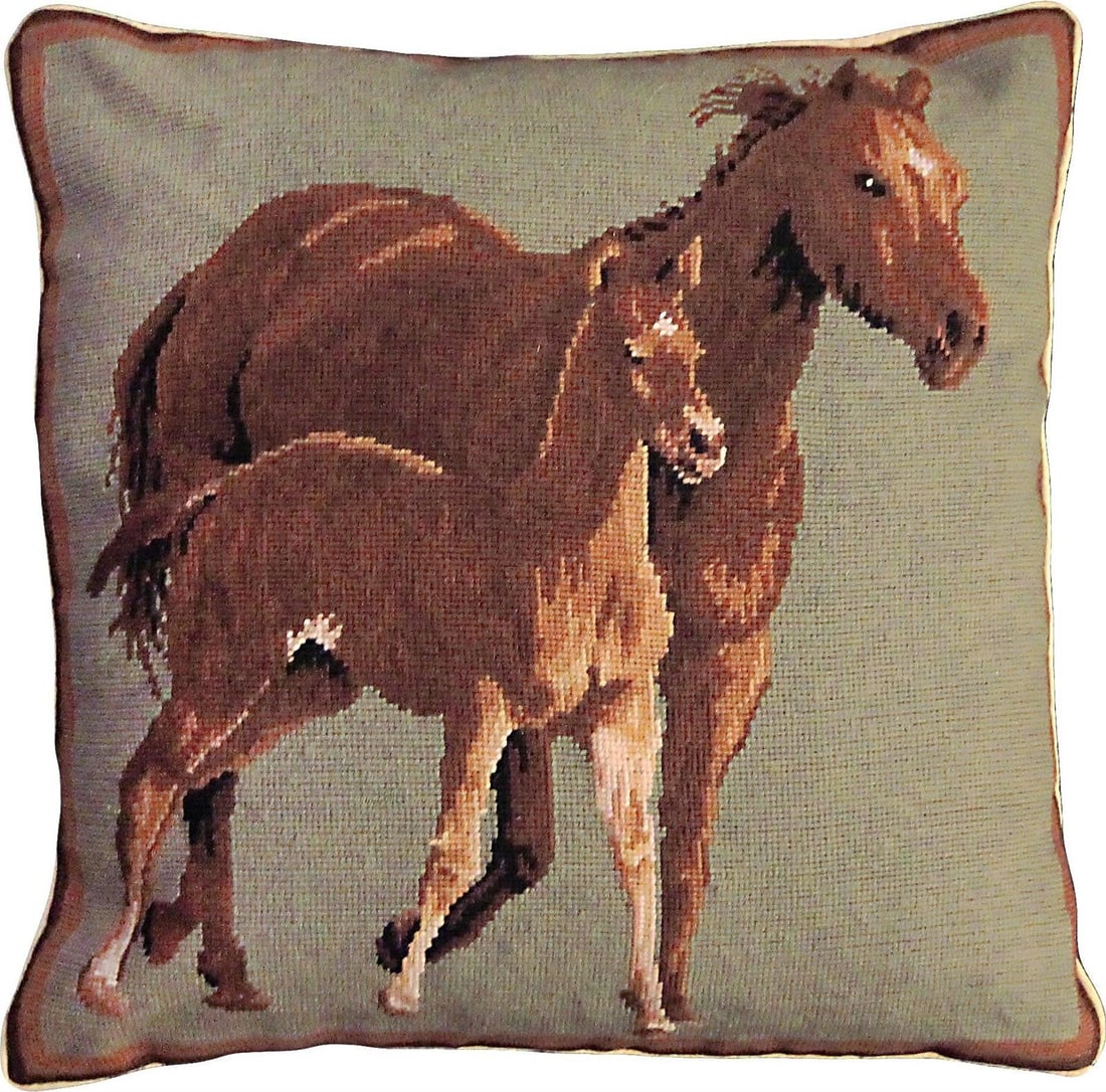 Equestrian Wool Pillow Galloping Horses 20x20 Soft Sage Beige (1 of 1)