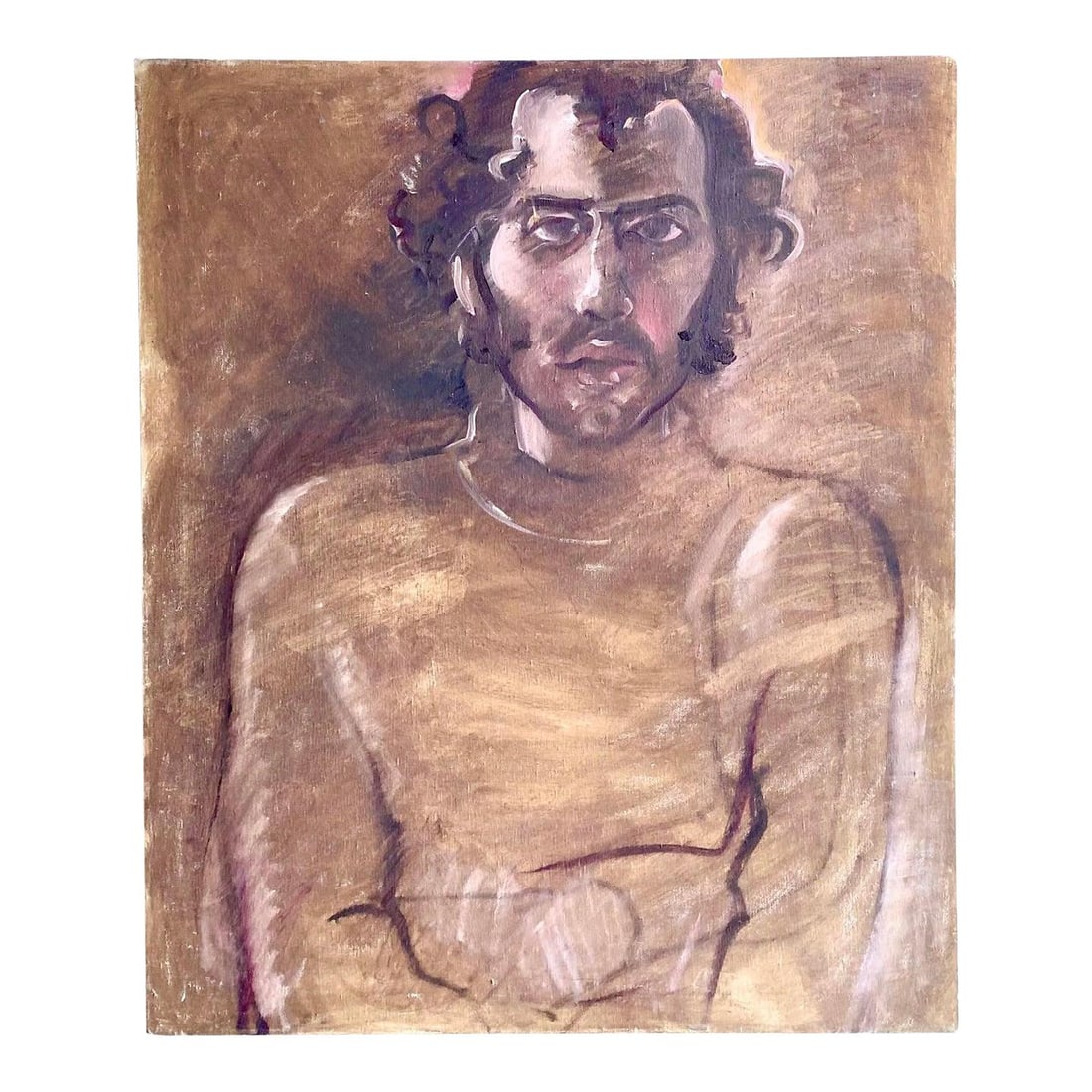Regone Pierokkis Signed Boho Chic Oil Portrait 30 x 36: Regone Pierokkis Signed Boho Chic Oil Portrait 30 x 36 This exquisite oil painting, signed by the artist Regone Pierokkis, features a captivating portrait of a young man. The artwork is characterized 