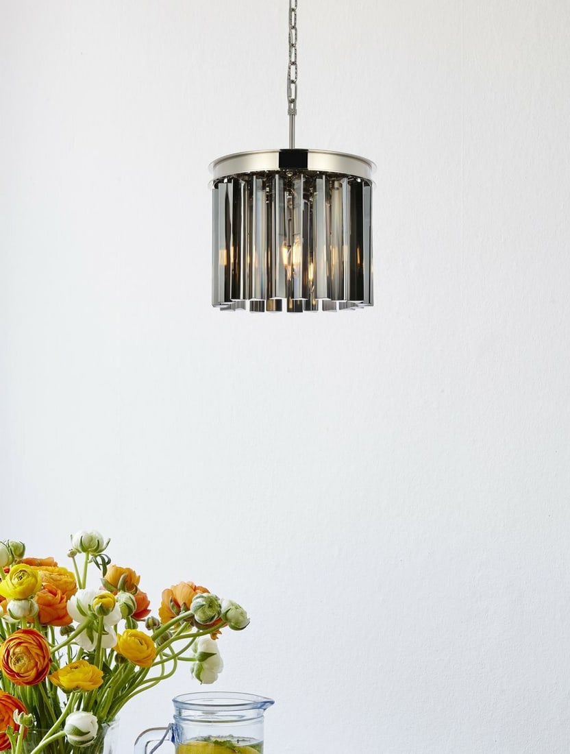 Sydney 12 in Crystal Pendant Light Polished Nickel 3-Light: Sydney 12 in Crystal Pendant Light Polished Nickel 3-Light Modern 3-light pendant chandelier from the Sydney collection with a polished nickel finish and royal cut silver shade crystals. This hardwire