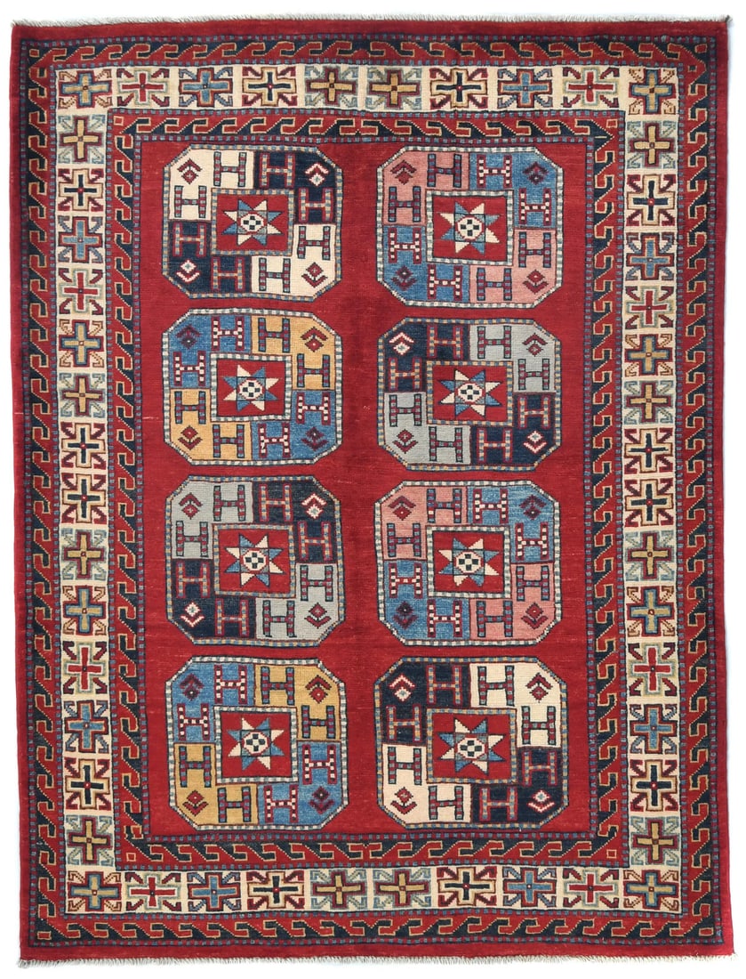 Red Kazak Oushak Wool Area Rug 4'0 x 5'3 Modern Geometric Design: Red Kazak Oushak Wool Area Rug 4'0 x 5'3 Modern Geometric Design Enhance your space with this stunning Red Kazak Oushak Oriental Carpet, a perfect blend of traditional craftsmanship and modern design.