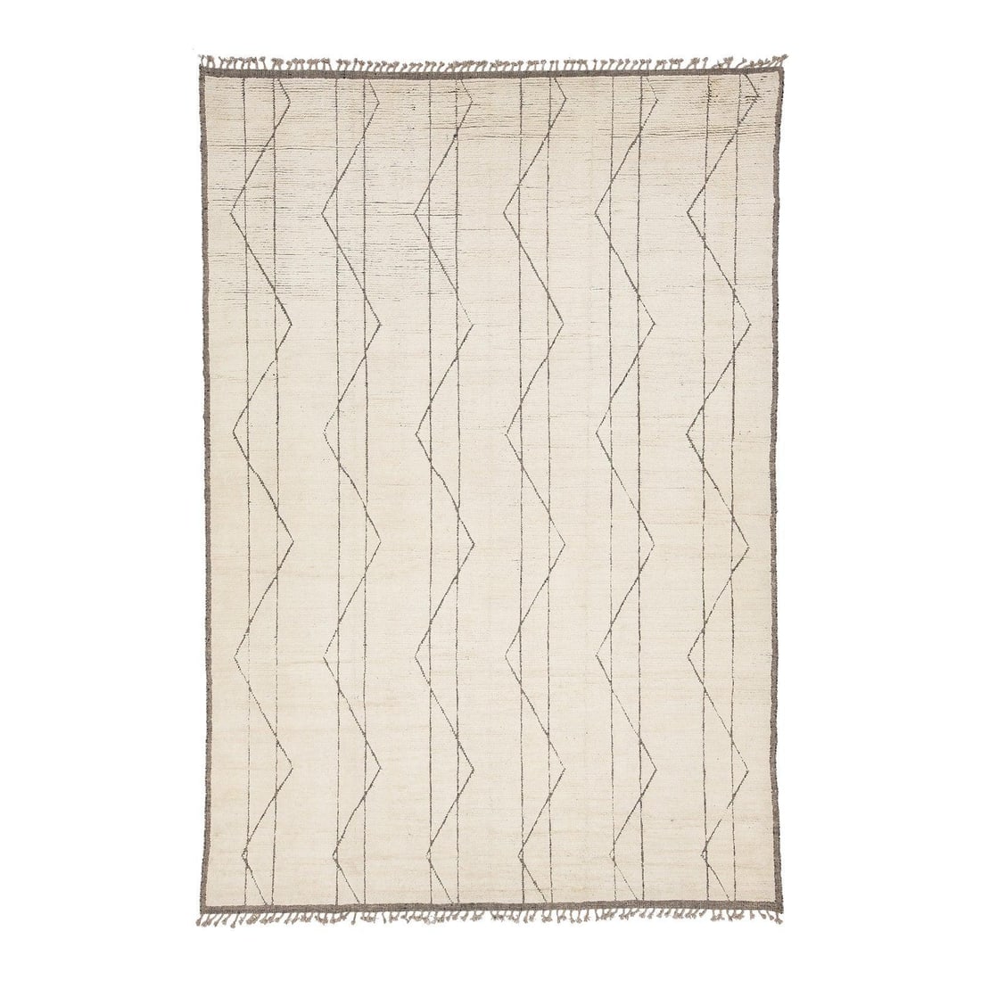 9'10" x 13'11" Ivory Wool Area Rug Beni Ourain Style Geometric: 9'10" x 13'11" Ivory Wool Area Rug Beni Ourain Style Geometric Hand-knotted modern Beni Ourain style geometric wool area rug in ivory with a minimalist field and staggered hand-drawn charcoal geometri
